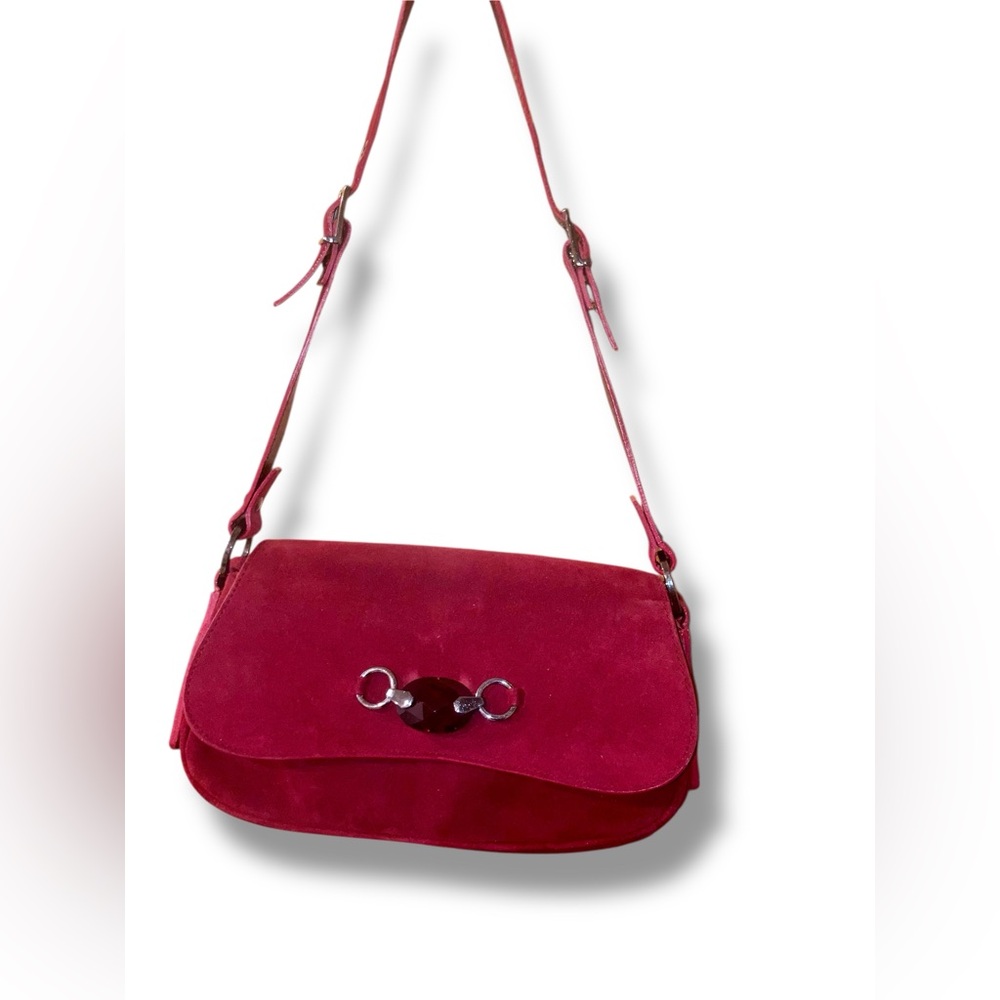 Stuart Weitzman Suede Shoulder Bag w/ Jeweled Accent and Gunmetal Hardware EUC
